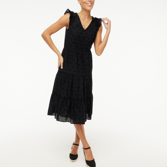 J. Crew Factory Dresses & Skirts - J. Crew Cotton Eyelet Midi Dress Size 2 Black Tiered Pockets Shoulder Ruffles